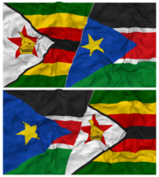 South Sudan and Zimbabwe Half Combined Flag with Cloth Bump Texture, Bilateral Relations, Peace and Conflict, 3D Rendering png