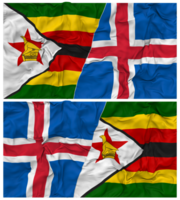 Islandia y Zimbabue medio conjunto bandera con paño bache textura, bilateral relaciones, paz y conflicto, 3d representación png