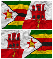 Gibraltar and Zimbabwe Half Combined Flag with Cloth Bump Texture, Bilateral Relations, Peace and Conflict, 3D Rendering png