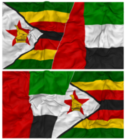 unido árabe emiratos y Zimbabue medio conjunto bandera con paño bache textura, bilateral relaciones, paz y conflicto, 3d representación png