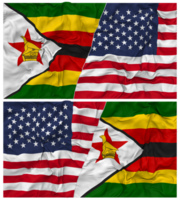 Unidos estados e Zimbábue metade combinado bandeira com pano colisão textura, bilateral relações, Paz e conflito, 3d Renderização png