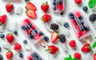 Frozen ice popsicles of milk and berries over pink background. Fresh fruits ice cream healthy food. photo