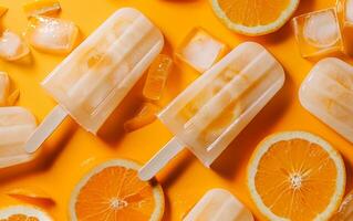 Frozen ice popsicles of yogurt and oranges over orange background. Fresh fruits ice cream healthy food. photo