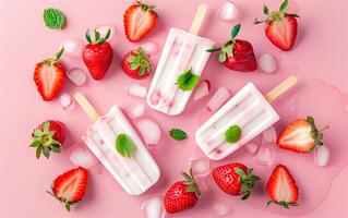 Frozen ice popsicles of milk and strawberries over pink background. Fresh fruits ice cream healthy food. photo