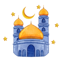 Watercolor cartoon of decorative blue mosque set collection png