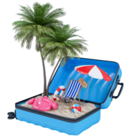 été vacances avec plage chaises, parapluie, chapeau, caméra noix de coco arbre et plage accessoires sur Voyage bagage. été vacances concept pour Voyage agence afficher représenter. 3d le rendu png