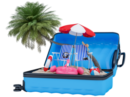 Summer holiday with beach chairs, umbrella, hat, camera, coconut tree and beach accessories on Travel luggage. Summer vacation concept for travel agency advertise represent. 3d rendering png