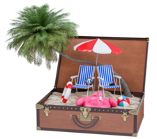 Sommer- Urlaub mit Strand Stühle, Regenschirm, Hut, Kamera, Kokosnuss Baum und Strand Zubehör auf Reise Gepäck. Sommer- Ferien Konzept zum Reise Agentur werben vertreten. 3d Rendern png