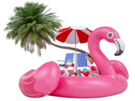 verano fiesta con playa sillas, paraguas, sombrero, cámara Coco árbol y playa accesorios en flamenco inflable. verano vacaciones concepto para viaje agencia anunciar representar. 3d representación png