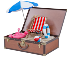 zomer vakantie met strand stoelen, paraplu, hoed, camera kokosnoot boom en strand accessoires Aan reizen bagage. zomer vakantie concept voor reizen agentschap adverteren staan voor. 3d renderen png