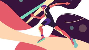 Side view of an abstract young jumping man on geometric shapes background. Motion. Concept of sport and active lifestyle. video