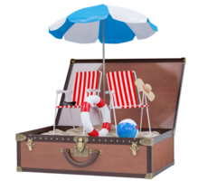 Summer holiday with beach chairs, umbrella, hat, camera and beach accessories on Travel luggage. Summer vacation concept for travel agency advertise represent. 3d rendering png