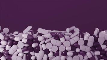 Huge number of lilac and white pills flying upwards on a dark purple background. Animation. Concept of health, pharmacology, and medicine. video