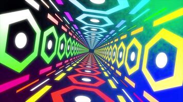 Flying through the psychedelic colorful tunnel, seamless loop. Motion. Hexagonal technological tunnel on a dark background. video