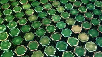 Scifi technological hexagon pattern of green color with four digit numbers. Animation. 3D colorful flowing blurred figures, seamless loop. video