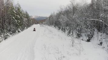 männlich Reiten Schneemobil, ziehen um schnell gegenüber Kamera. Clip. Antenne Aussicht von ein Winter Schnee bedeckt Kiefer Wald und leeren Straße. video