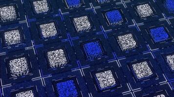 astratto piccolo qr codice piazze su colorato sfondo, senza soluzione di continuità ciclo continuo. animazione. concetto di digitale informazione trasferimento nel in linea mondo. video