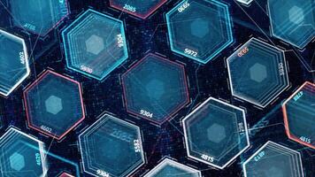 Abstract transparent silhouettes of hexagons flowing in front of colorful rows of geometric figures. Animation. Visualization of circuit board, seamless loop. video