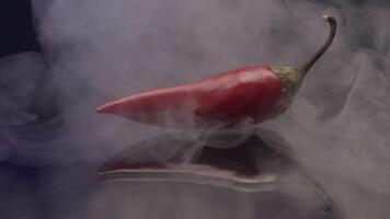 Close up of red hot chili pepper lying on mirror surface with plumes of smoke. Stock footage. Spicy fresh vegetable and clouds of white smoke. video