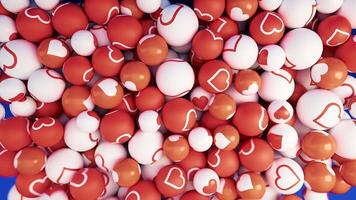 Close up of abstract colorful red and white plastic balls with hearts signs falling into a pile. Animation. Concept of children toys or dry pool filler. video