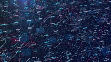 vliegend binnen virtueel bewerker met rennen elektronen en digitaal codes. animatie. omkeren getallen hangende bovenstaand willekeurig vloeiende versmallen lijnen, naadloos lus. video