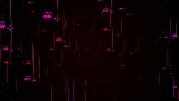 Abstract red and purple parallel segments with small colorful numbers flying on black background, seamless loop. Animation. Concept of mathematics. video
