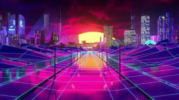 Visualisation of a game with futuristic visual of a modern city. Stock footage. Neon lights of the road, hills, and the city skyscrapers. video