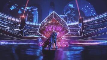 Abstract arena lit up by neon light with an energy giant 3D cube in the middle and a superhero with a fluttering cloak. Stock footage. Beginning of the fight or the show and people with superpowers. video
