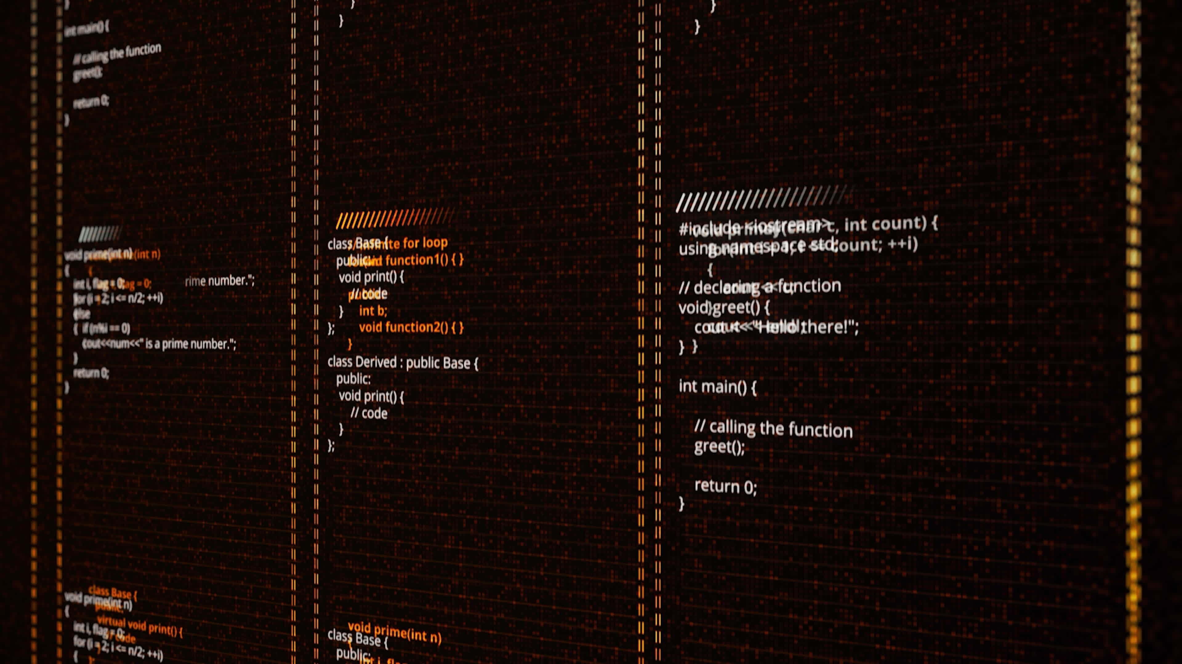 Abstract three columns with coding programs on black background ...