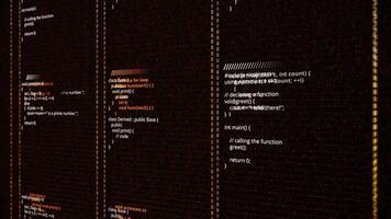 abstrakt drei Säulen mit Codierung Programme auf schwarz Hintergrund, nahtlos Schleife. Animation. Konzept von Computer Sprache und es Technologien. video