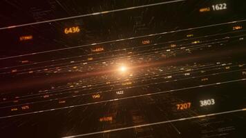 hermosa vuelo mediante el digital túnel con números y neón rayos animación. resumen futurista antecedentes como un visualización de datos centro. video