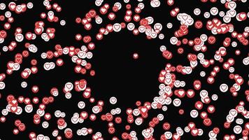 Small red and white hearts flying up around an invisible sphere in the middle of a black background. Animation. Concept of social media and expression of love. video