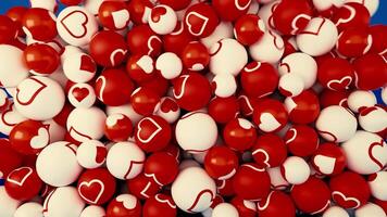 Abstract contrasting white and red ping pong balls with hearts falling down on blue background. Animation. Colorful pile of spheres. video