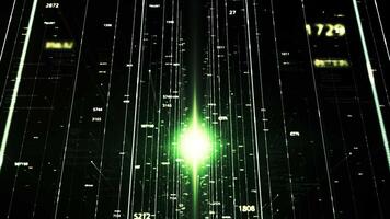 groen sci fi tunnel met groen Matrix effect. animatie. 3d vlucht door cyberspace Aan zwart achtergrond met neon gloeiend kern in de midden. video