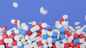 Colorful pills fall on isolated background. Animation. Colorful medicinal pills fall in pile on colored background. Medicines, pills, and treatment pills video