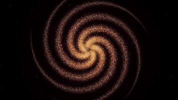 Abstract spinning hypnotic golden spiral spreading all over a black screen. Animation. Glowing ring from tiny particles surrounded by shining cloud. video