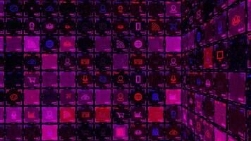 Abstract technological icons in a dark pink and red grid interface. Animation. Digital screen with blinking symbols of internet connection, devices, downloads, and communication. video