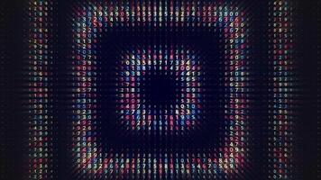 Flying inside hypnotic rectangle tunnel with endless rows of numbers, seamless loop. Animation. Retro effect of blinking squares moving slowly. video