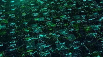 technologisch Hintergrund mit das Analytik und Statistiken Daten mit Grafiken auf schwarz Hintergrund. Animation. Grün und Blau Ändern Grafik und Zahlen. video