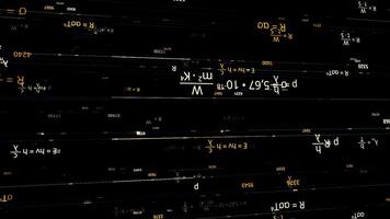 Endless quantity of scientific formulas turned upside down being written on black background, seamless loop. Animation. Golden and white complex mathematical formulas. video