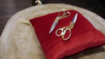 Scissors for cutting ribbons during grand openings or celebration of events. . Close up of golden scissors on a red pillow. video