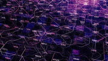 groot gegevens analyseren en digitaal berekenen hologram over- werken CPU Aan de achtergrond. animatie. futuristische 3d vlucht over- stroomkring bord, modern abstract concept van nieuw cyber technologie, naadloos lus video