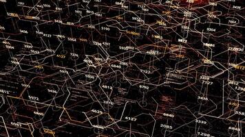 Big data analyzing and digital computing hologram over working cpu on the background. Animation. Futuristic 3D flight over circuit board, modern abstract concept of new cyber technology, seamless loop video