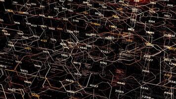 grande dati analizzando e digitale calcolo ologramma al di sopra di Lavorando processore su il sfondo. animazione. futuristico 3d volo al di sopra di circuito asse, moderno astratto concetto di nuovo informatica tecnologia, senza soluzione di continuità ciclo continuo video