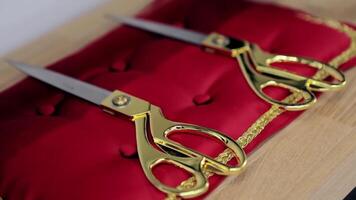 fechar acima do dourado tesouras para a oficial cerimônias deitado em uma vermelho travesseiro. . conceito do abertura e pathos. video