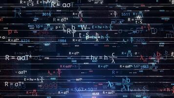 brainstorming från matematisk ekvationer. animation. brista av matematisk ekvationer och tal i elektronisk form. neon matematik formler är ändring i cyberrymden video