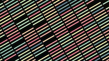 Abstract pink, yellow, green, and blue diagonal same size segments flowing from the left to the right on black background, seamless loop. Animation. Colorful lines resembling a simple game video