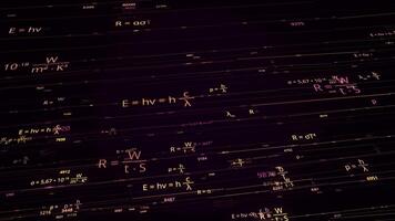 Many formulas in physics. Animation. Formulas for physics in electronic form on dark background. Neon physics formulas swirl in whirlwind in cyberspace video