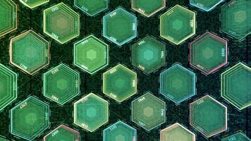 Slowly blinking hexagon figures of blue and green colors, seamless loop. Animation. Transparent shapes flowing in front of hexagonal texture. video