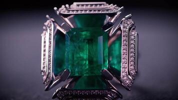Close up of breathtaking platinum cufflinks with diamonds and emeralds. . Beautiful jewelry for man isolated on dark background under the spotlight. video